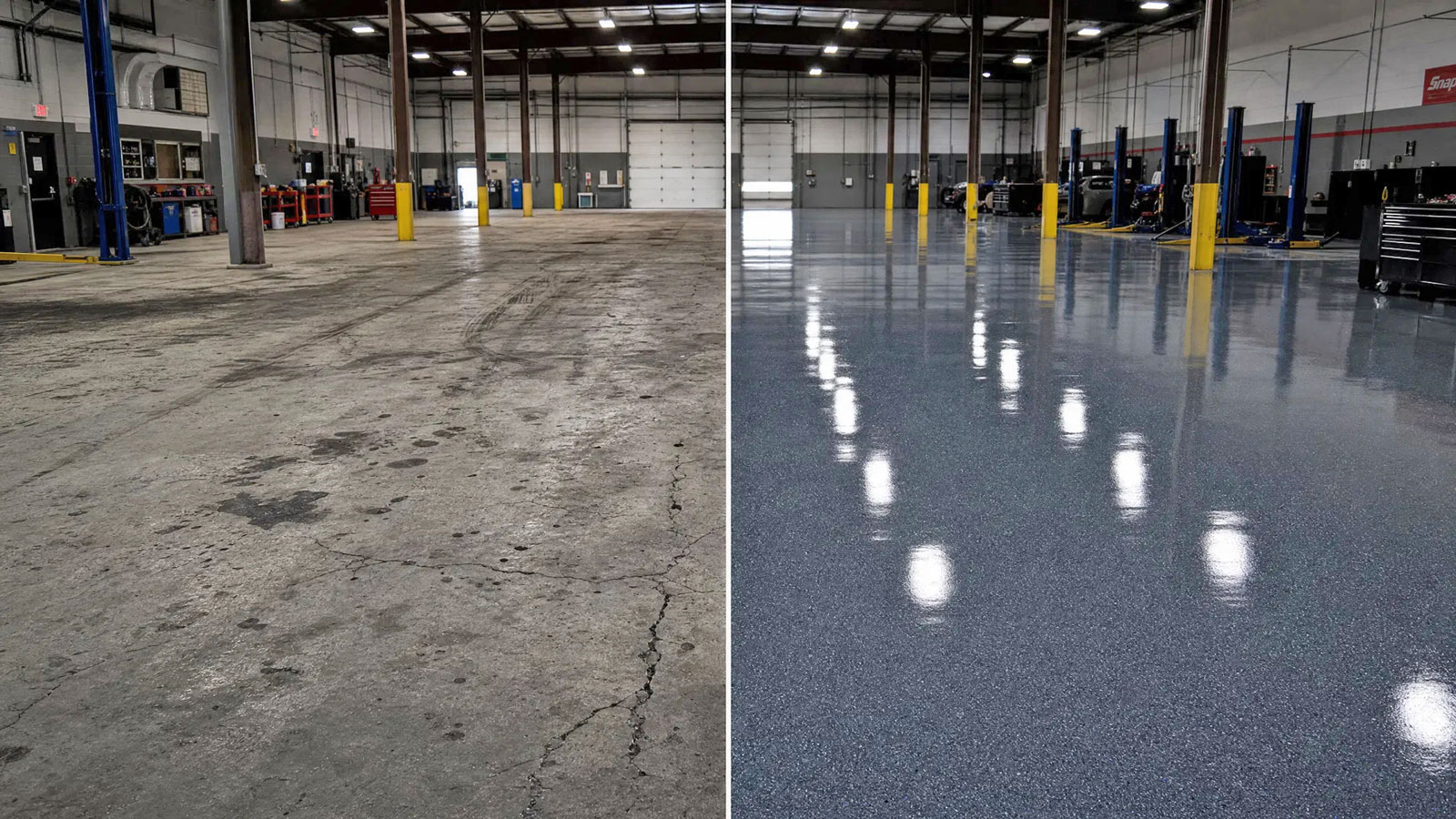 Commercial floor coating before and after — auto shop in Santa Rosa CA